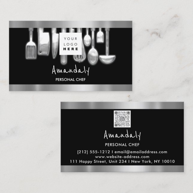 QR Code Personal Chef Cooking Restaurant Silver Business Card (Front/Back)