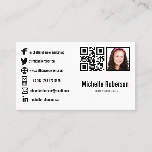QR code photo and social media icons Business Card (Front)
