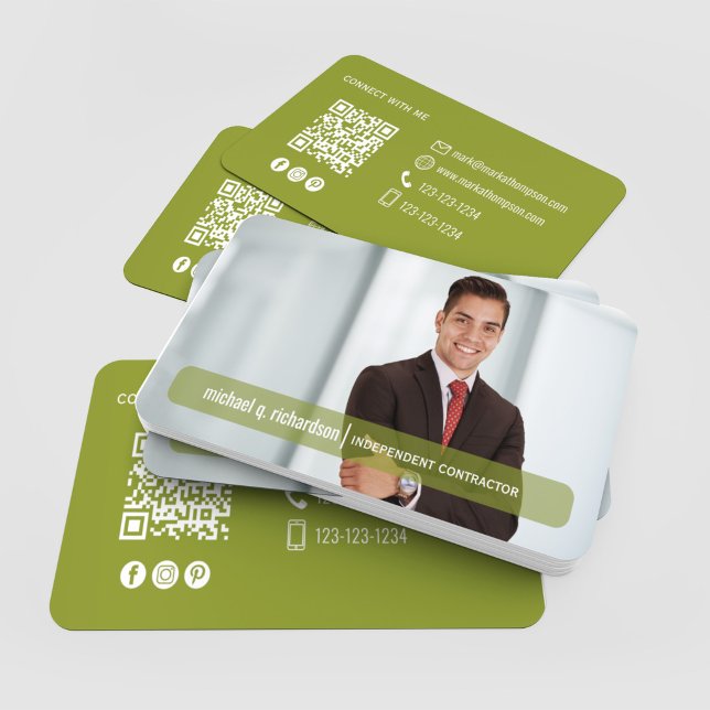 QR Code Photo Contact Olive Green Modern  Business Card (Olive green QR code photo business cards stacked with modern contact design)