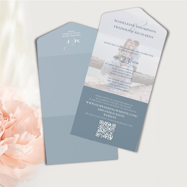 QR Code Photo Elegant Dusty Blue RSVP Online All In One Invitation (Elegant Dusty blue wedding invitation with QR code and photo template. )