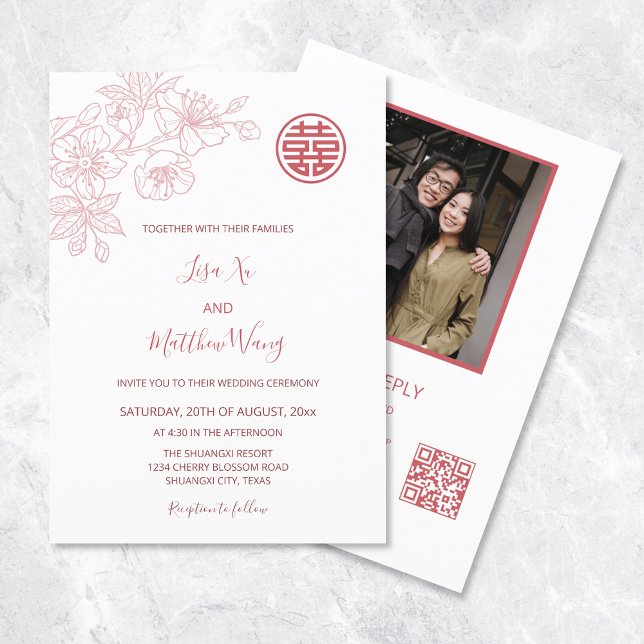 QR Code Photo | Floral Blush Pink Chinese Wedding Invitation (Creator Uploaded)