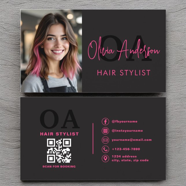 QR Code Photo Hair Stylist Monogram Typography  Business Card (Creator Uploaded)