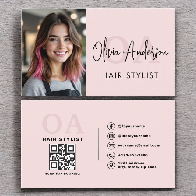 QR Code Photo Hair Stylist Monogram Typography  Business Card (Creator Uploaded)