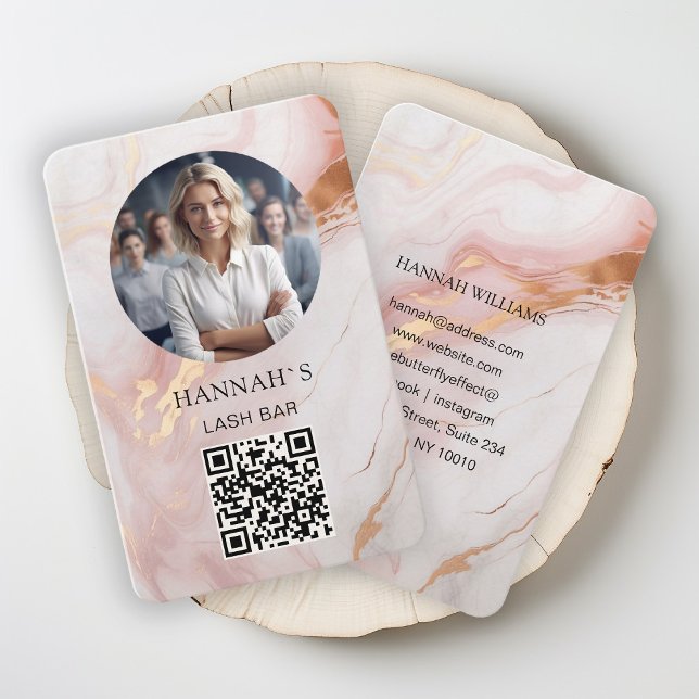 QR-Code, Photo, Marble, Pink-Rosegold, Salon Business Card (Creator Uploaded)