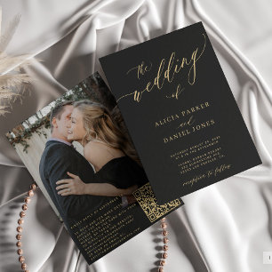 QR code photo modern elegant gold black wedding Invitation