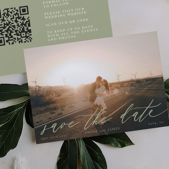 QR Code Photo Modern Sage Green Save The Date (Creator Uploaded)