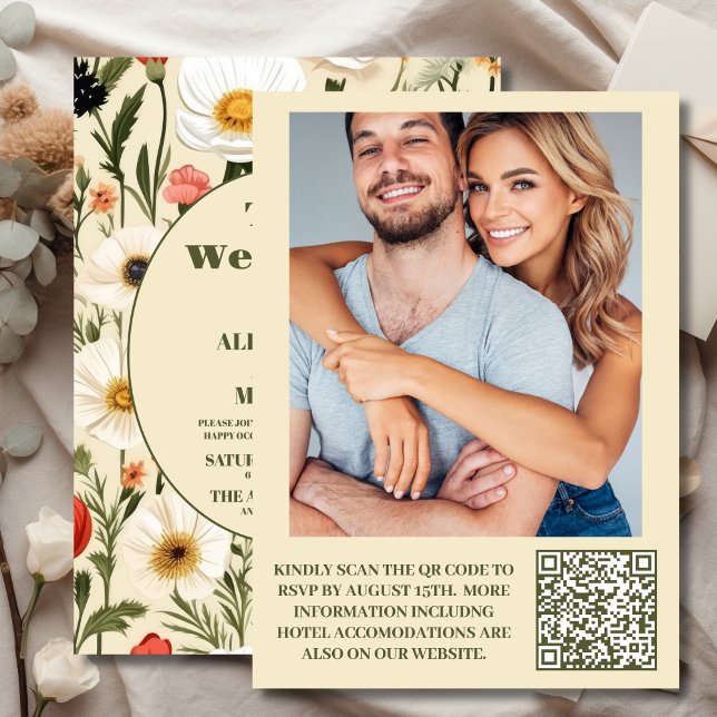 QR Code Photo Whimsical Wildflower Meadow Wedding Invitation (Creator Uploaded)