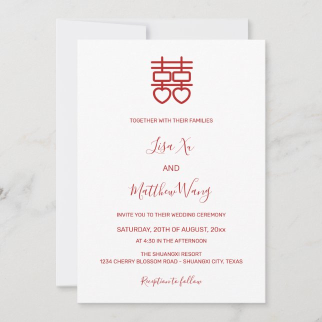 QR Code Photo | White Red Chinese Wedding Invitation (Front)