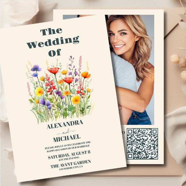 QR Code Photo Wildflower Wedding Boho Country  Invitation (Creator Uploaded)
