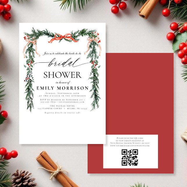 QR Code Pine Bow Christmas Bridal Shower Invitation (Creator Uploaded)