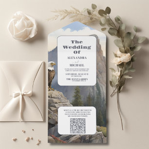 QR Code Pine Tree Forest Rustic Watercolor Wedding All In One Invitation