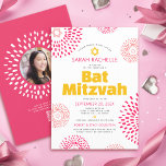 QR Code Pink Bat Mitzvah Photo Starburst Bold Pop Invitation<br><div class="desc">Be proud, rejoice and showcase this milestone of your favourite Bat Mitzvah with this fun, trendy, groovy, personalised QR code invitation! Retro pop hot pink and coral flower starbursts with Stars of David, along with bold modern yellow, hot pink and dark grey sans serif typography, overlay a clean white background....</div>