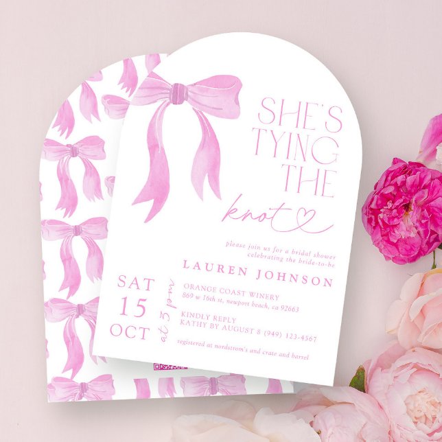 QR Code Pink Bow She's Tying the Knot Shower Invitation (Creator Uploaded)
