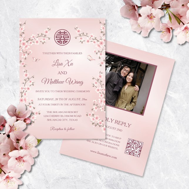 QR Code Pink Cherry Blossom Photo Chinese Wedding Invitation (Creator Uploaded)