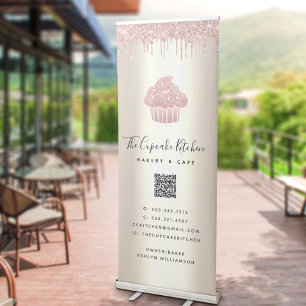 QR Code Pink Cupcake Bakery Café Glitter Drip Gold Retractable Banner