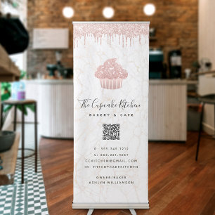 QR Code Pink Cupcake Glitter Bakery Café Marble Retractable Banner
