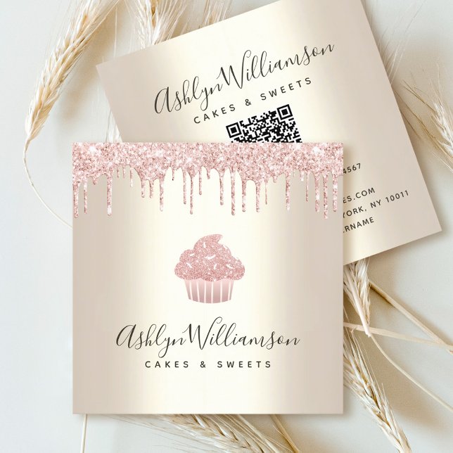 QR Code Pink Cupcake Glitter Drip Bakery Chef Gold Square Business Card (Creator Uploaded)