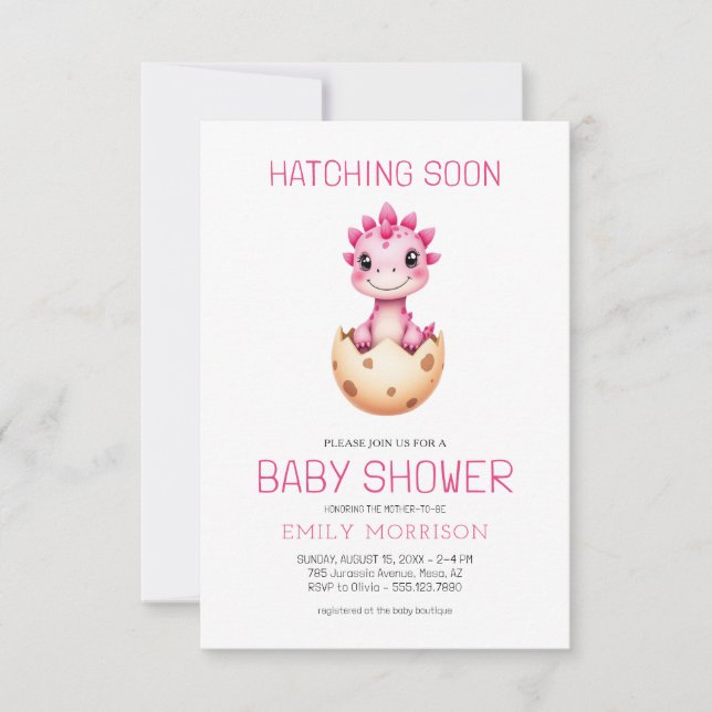 QR Code Pink Dinosaur Hatching Soon Baby Shower Invitation (Front)