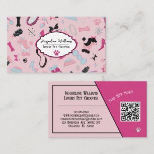 QR Code Pink Girly Mid-Century Pet Groomer II Business Card