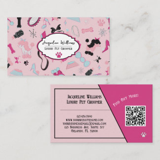 QR Code Pink Girly Mid-Century Pet Groomer II Business Card