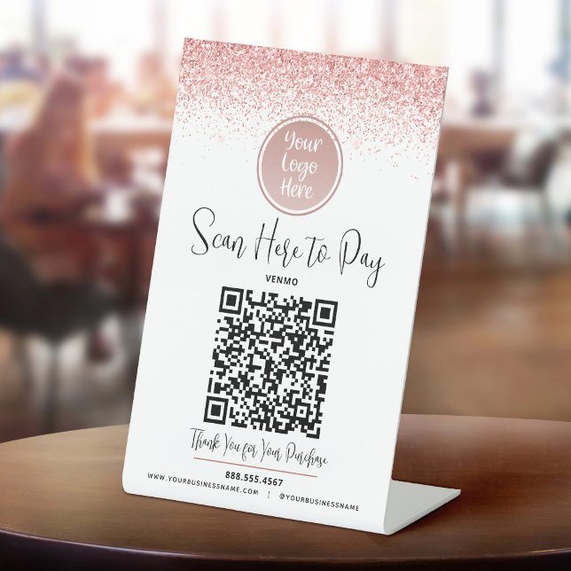 QR Code Pink Glitter Custom Logo Pay Here White Pedestal Sign (Creator Uploaded)