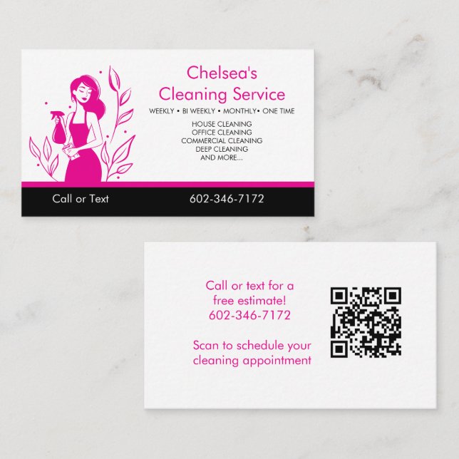 QR Code Pink House Cleaning Service Business Card (Front/Back)