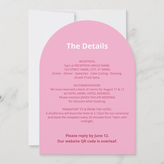 QR Code Pink Magenta Wedding Details Card (Front)