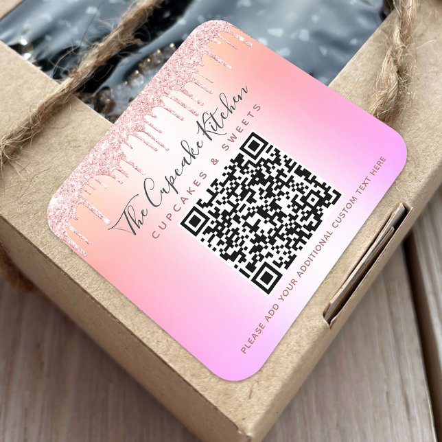 QR Code Pink Rose Glitter Drips Rainbow Ombre Name Square Sticker (Creator Uploaded)