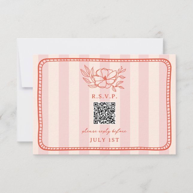 QR Code Pink Stripe Floral Wedding QR RSVP (Front)
