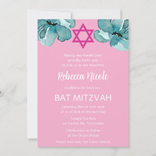 QR Code Pink Watercolor Floral Bat Mitzvah Invitation