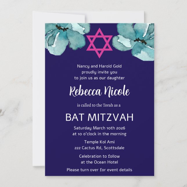 QR Code Pink Watercolor Floral Bat Mitzvah Invitation (Front)