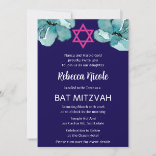 QR Code Pink Watercolor Floral Bat Mitzvah Invitation
