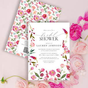 QR Code Pink Watercolor Flowers Bridal Shower Invitation