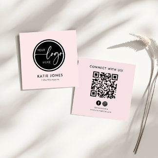 QR Code Pink White Custom Logo Connect with Us Square Business Card