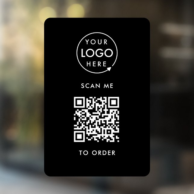 QR Code Place Order | Black Business Logo Window Cling (Interactive "scan to order" QR code window cling for restaurants, bars, cafes & hospitality events.)