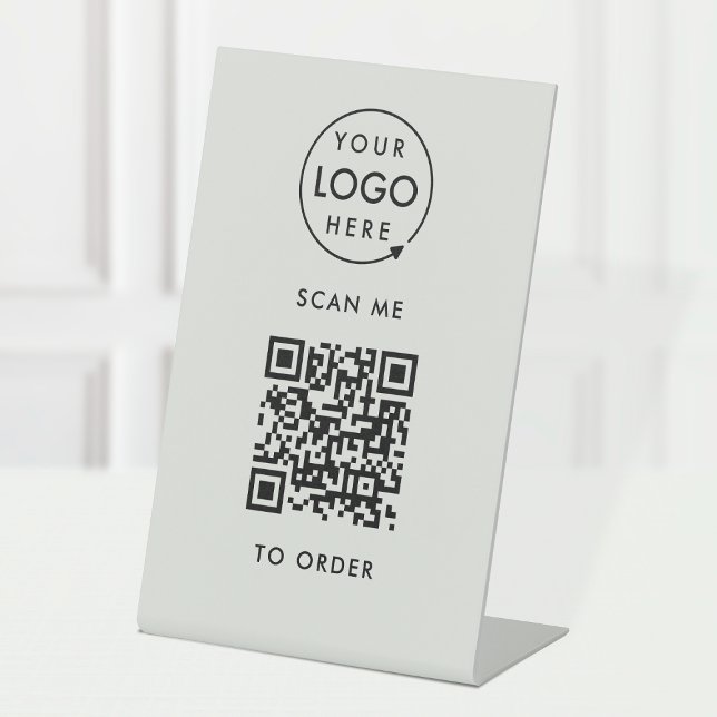 QR Code Place Order | Silver Gray Business Logo Pedestal Sign (Creator Uploaded)