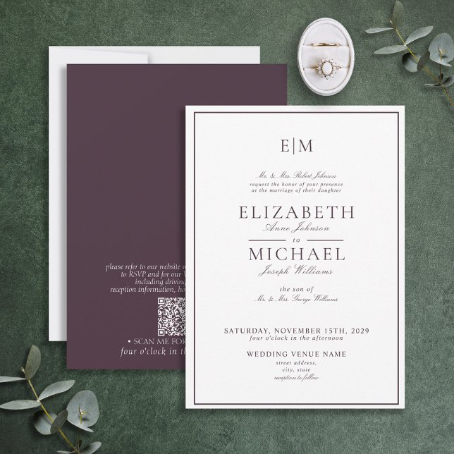 QR Code Plum Purple Classic Monogram Wedding Invitation (Creator Uploaded)