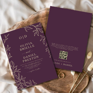 QR Code Plum Purple & Gold Minimal Leaf Wedding Invitation