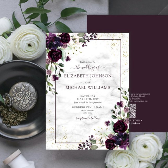 QR Code Plum Purple Gold Watercolor Marble Fall Invitation (Creator Uploaded)