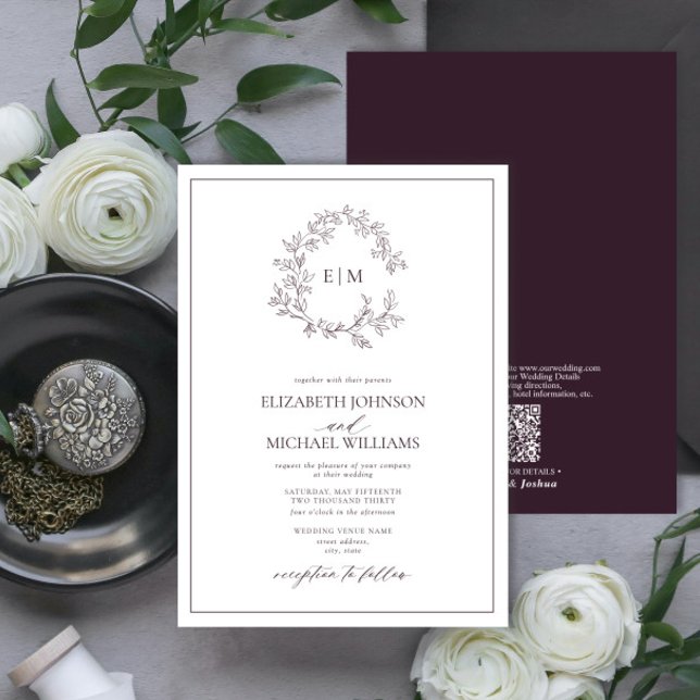 QR Code Plum Purple Leafy Crest Monogram Wedding Invitation (Creator Uploaded)