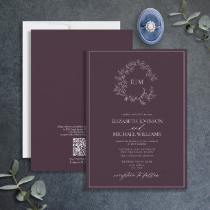 QR Code Plum Purple Leafy Crest Monogram Wedding Invitation