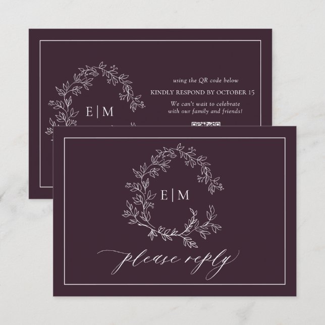 QR Code Plum Purple Leafy Crest Monogram Wedding RSVP Card (Front/Back)