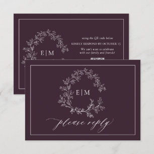 QR Code Plum Purple Leafy Crest Monogram Wedding RSVP Card