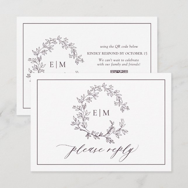QR Code Plum Purple Leafy Crest Monogram Wedding RSVP Card (Front/Back)