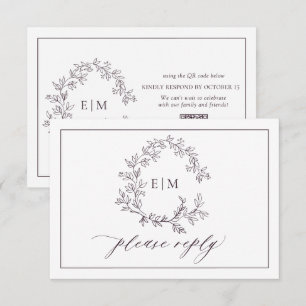 QR Code Plum Purple Leafy Crest Monogram Wedding RSVP Card