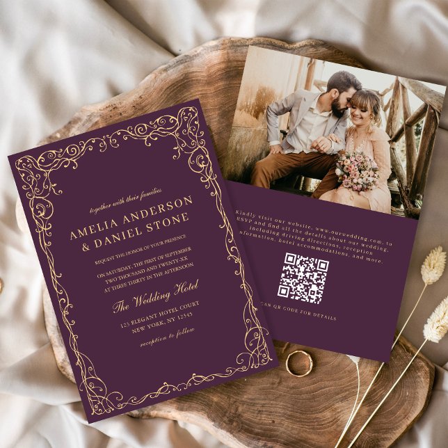 QR Code Plum Purple Photo Minimalist Wedding Invitation (Creator Uploaded)