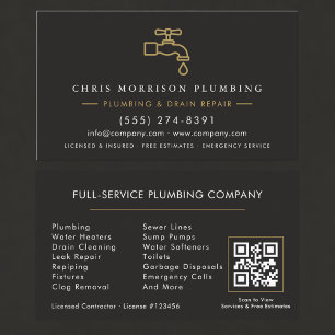QR Code Plumbing Service Black & Gold Business Card