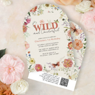 QR Code Pressed Flowers Wild & Onederful Birthday Invitation