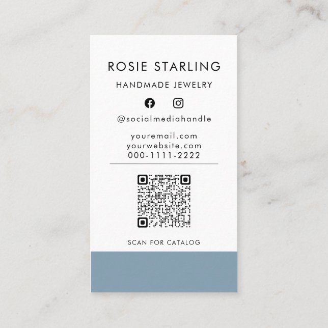 QR Code Pretty Script Artisan Pale Blue Vertical Business Card (Back)