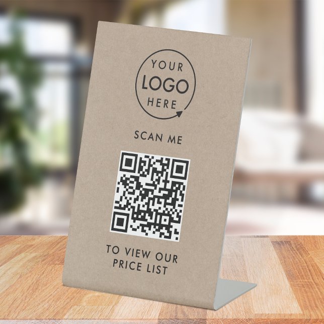 QR Code Price List | Kraft Rustic Business Logo Pedestal Sign (Creator Uploaded)